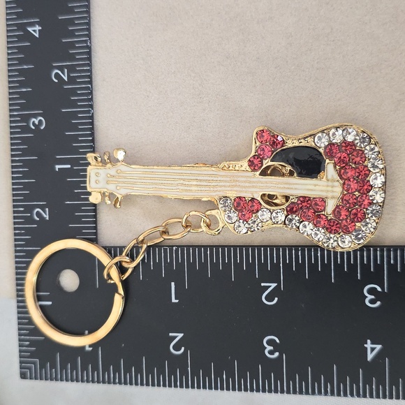 Gold with Clear And Pink Rhinestone Guitar Keychain - Picture 6 of 6